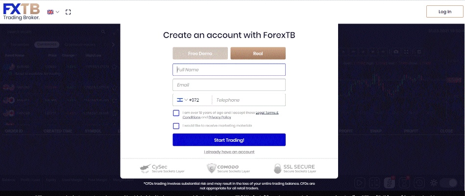 FXTB open account page